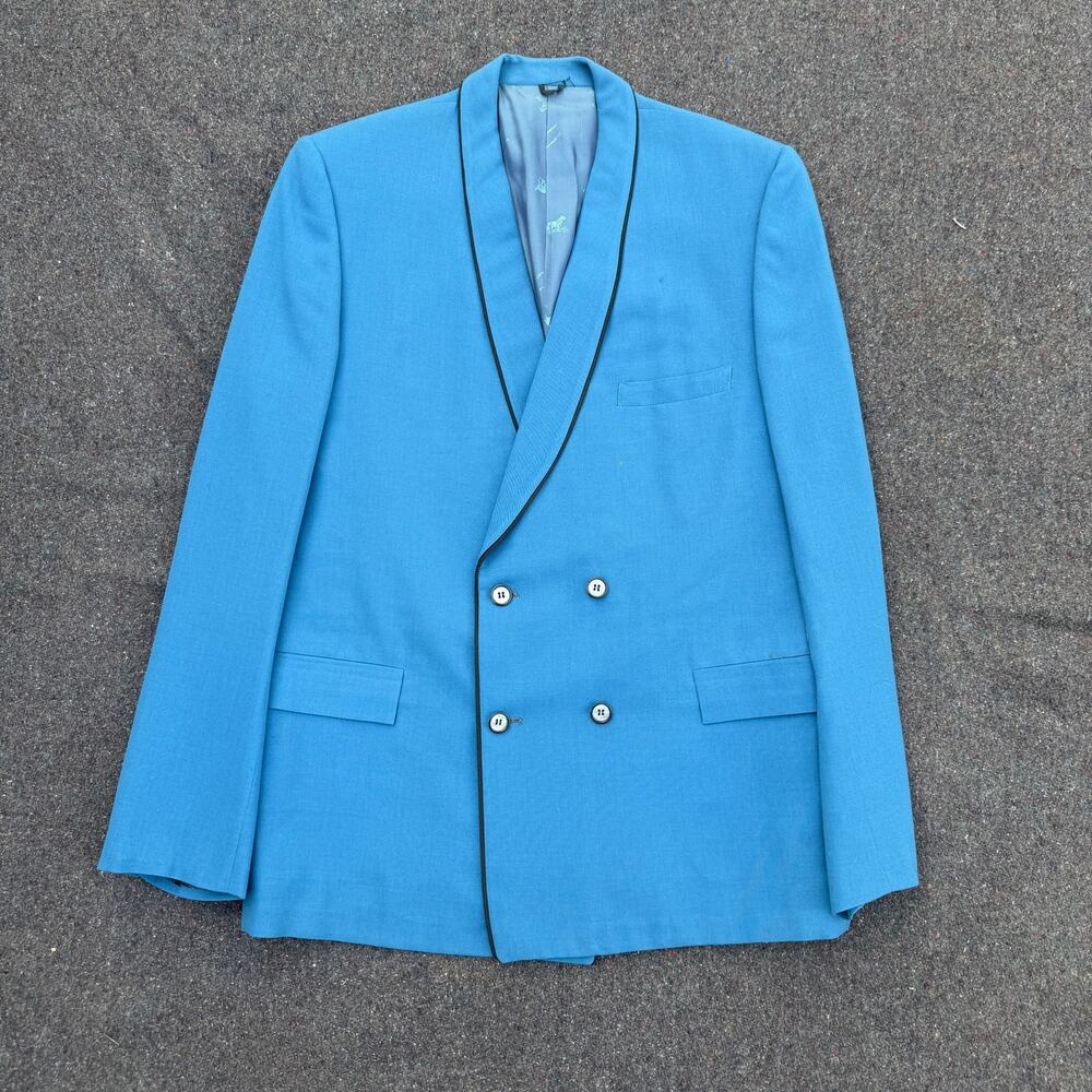 Men's Vintage 80's Sky Blue Double Breasted Sports Coat Blazer Jacket Sz 44R VTG